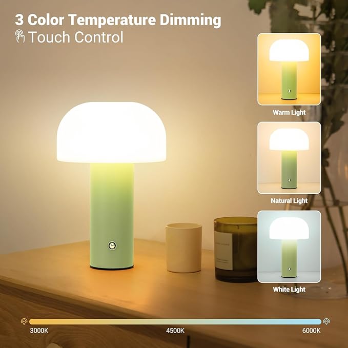 Cordless Mushroom Table Lamp Rechargeable,4000mAH Portable Battery Operated Lamp,3 Color Stepless Dimming Modern Lamps for Bedside Lamps,Touch Dimming Night Light for Home/Restaurant Green