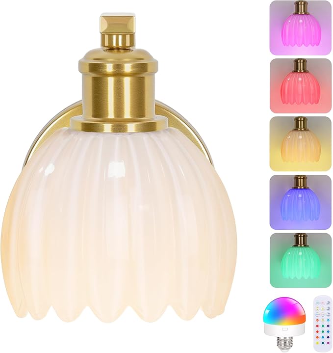 Rechargeable Battery Operated Wall Sconce with Milky White Glass Lampshade, Wireless Wall Scone Decor with Remote Control, 15 Colors Gold Wall Light for Bedside Hallway Bedroom Doorway