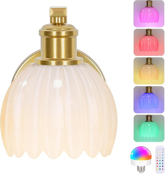 Rechargeable Battery Operated Wall Sconce with Milky White Glass Lampshade, Wireless Wall Scone Decor with Remote Control, 15 Colors Gold Wall Light for Bedside Hallway Bedroom Doorway