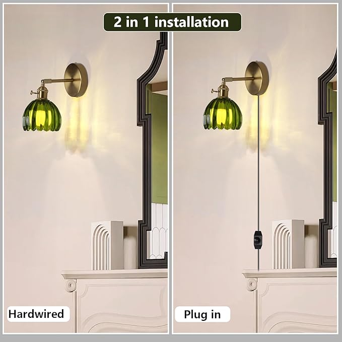 HuisMier Plug in Wall Sconces, Vintage Green Tulip Glass Lampshade Wall Light with On/Off Switch, Modern 180 Degree Adjustable Brass Wall Sconces for Bathroom Bedroom Living Room Hallway, Plug in