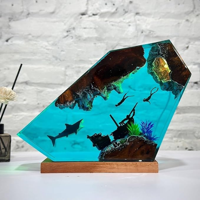 Shark Ocean Resin Lamp, Handmade Wooden Table Resin Night Light, USB Port Art Ornaments for Home Office Decor, Scuba Diver Gifts for Birthday Holiday, Valentine's Day Gifts for Husband