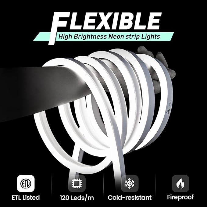 GZBtech Flexible LED Neon Rope Lights 16.4FT,AC 110-120V Waterproof Strip Light, 120 LEDs/M Cuttable Connectable Neon Lighting for Indoor Outdoor Home Decor/Commercial Use-Cold White 5M, ETL Listed
