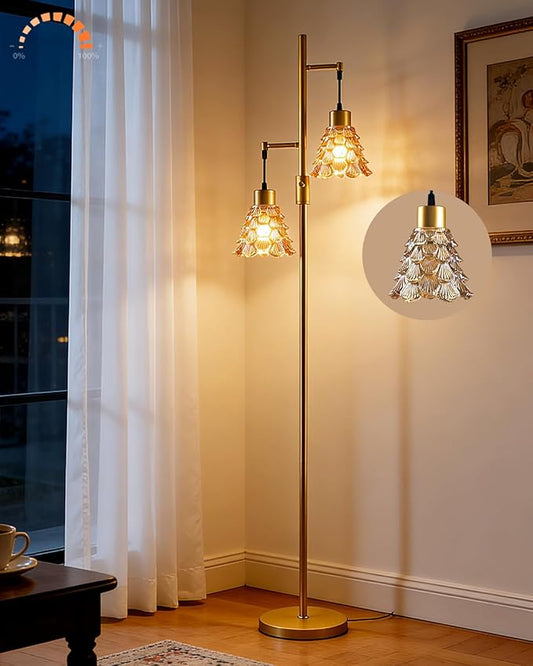 2-Light Glass Floor Lamp, Gold Tall Standing Lamps Dimmable with Brown Glass Lampshade, 3000K Warmwhite Mid Century Modern Floor Lamp for Living Room/Bedroom/Sofa Beside/Home Decor