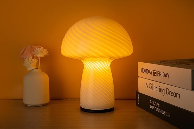 Mushroom lamp,Dimmable Glass Table Lamp,Vintage Style Table Lamp,Stripe White Bedside Desk lamp,Cute Table Lamps.（LED Bulbs Included）