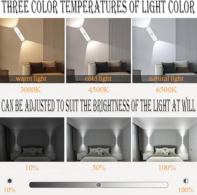 Portable Wall Mounted Night Light,USB Rechargeable Magnetic LED Wall Lamp,Motion Sensor Night Light,3-Color Battery-Powered Wall Lamp,for Hallways,Bedrooms,Bathroom,Living Room(White 2 pcs)
