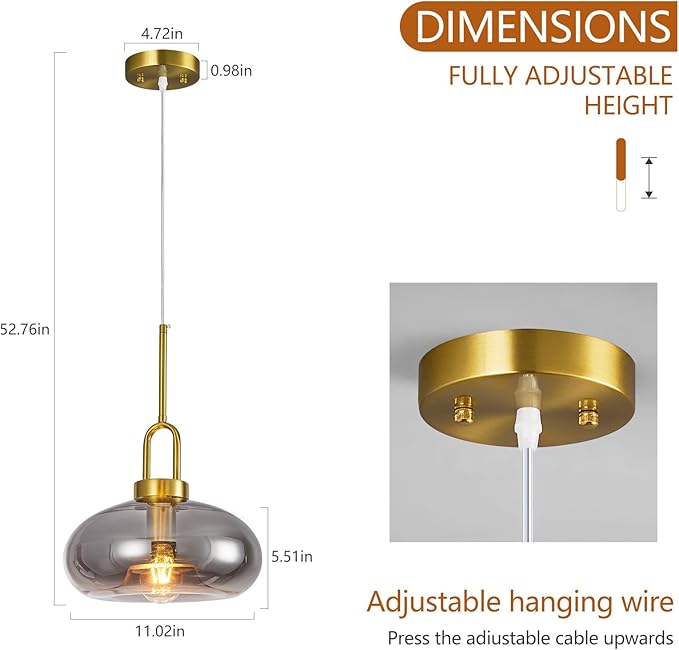Light Smoke Gray Glass Pendant Lights Kitchen Island Gold Pendant Light Fixtures Adjustable Height Modern Pendant Lighting for Bedroom Dining Room (1-Pack)