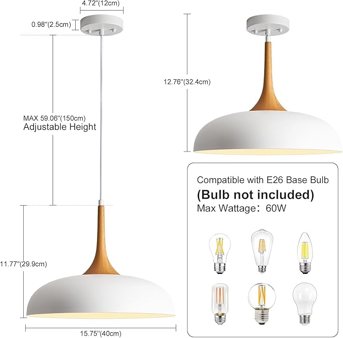 Oversize White Pendant Lights Kitchen Island,Modern Pendant Light Fixtures,Farmhouse Adjustable Hanging Pendant Lighting Foyer Entryway Hallway Bedroom Dining Room Living Room,Faux-Wood,Large 15.75 in