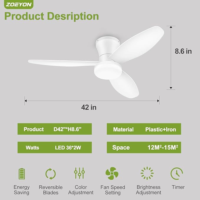 Small Ceiling Fan with Light - 42 Inch Flush Mount Ceiling Fan with Lights and Remote, Low Profile Ceiling Fans with 3 Reversible Blades, 6 Wind Speeds, White Ceiling Fans for Bedroom