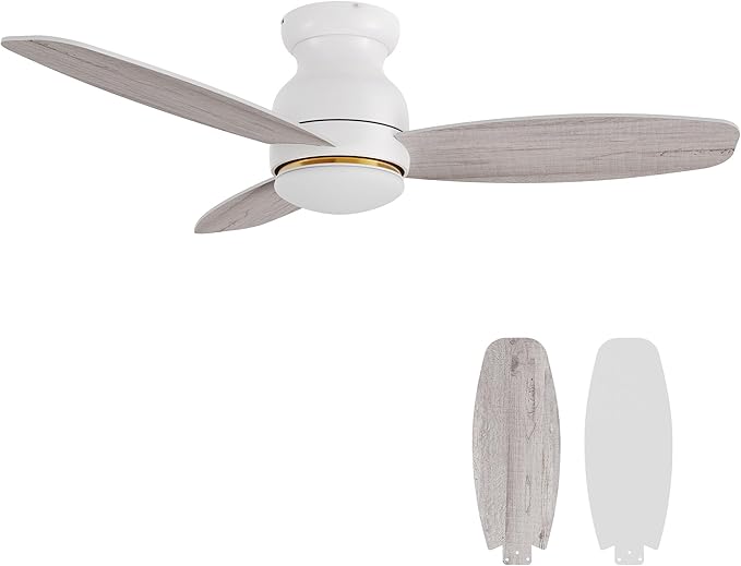 Carro 48" White Ceiling Fan with Light Flush Mount, DC 10 Speeds Silent Ceiling Fan with Remote, 3 Dual Finish Blades, 2 Light Colors Dimmable, for Living Room, Bedroom