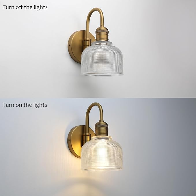 Yosoan Brass Gold Vintage Wall Sconce with Striped Shade, 1-Light Modern Vanity Light Industrial Single Wall Mounted Hardwired Bowl Texture Glass Shade for Living Room Bedroom Kitchen Hallway(Antique)