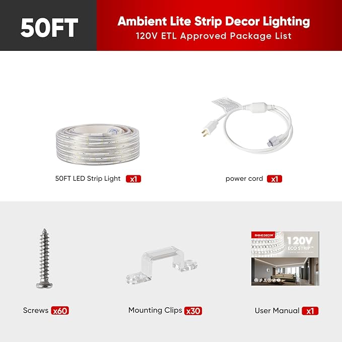 Shine Decor LED Strip Lights 36w Low Consumption, Cold Resistant IP65 Waterproof Outdoor Rope Light 120 VAC, Cuttable Connectable Indoor Lite Lighting Strip 50 FT ETL Listed 7x10mm 6000K Cool White