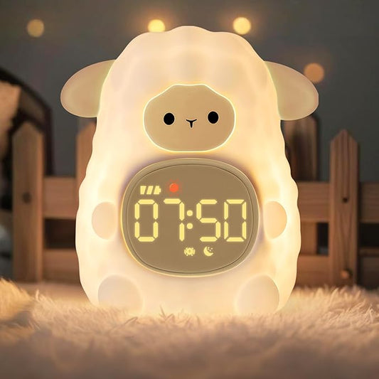 Sheep Alarm Clock with Night Light for Kids with Sleep Training and Sound Machine, Rechargeable Silicone Lamp OK to Wake Clock，Cute Animal Tabletop Lamp, Perfect Sleep Companion for Boys Girls, Khaki