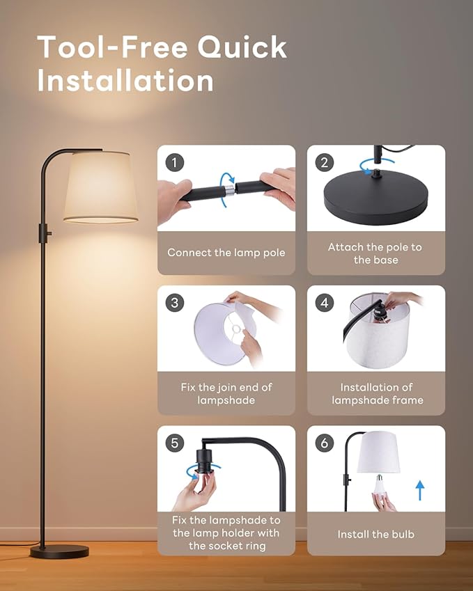 Dimmable Arc Floor Lamp, 1200 Lumens RGBCW Color Change Bulb Included, Standing Lamp with Linen Shade, 65" Tall Lamp with Remote for Living Room, Bedroom, Office, Dining Room, Kitchen, Black