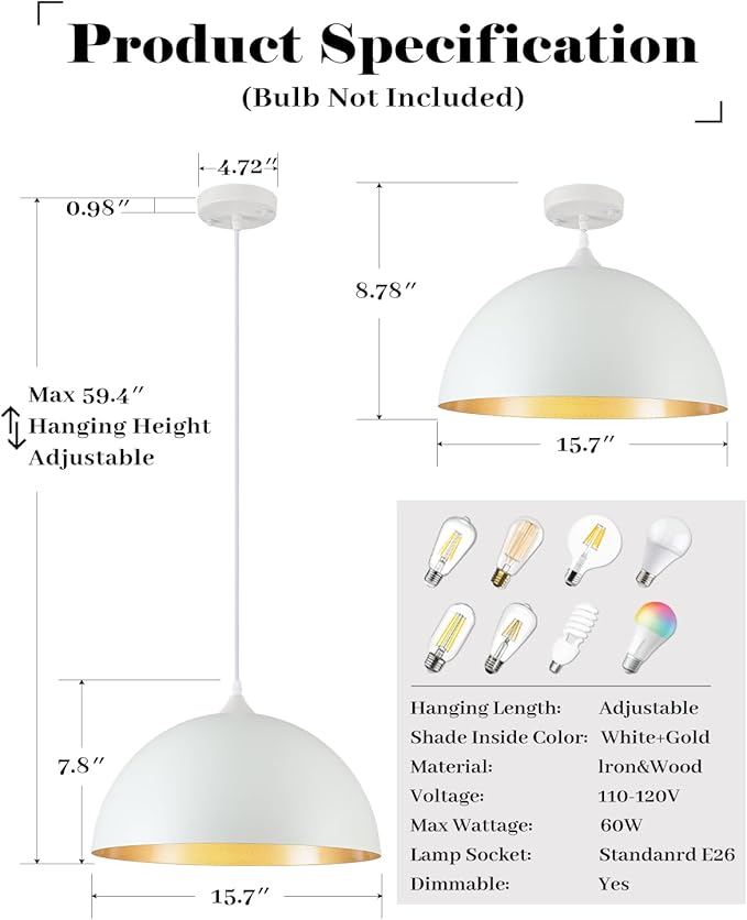 White and Gold Dome Pendant Light, 16 Inch Large Pendant Lights, White Pendant Lights Kitchen Island, Large Industrial Pendant Light for Kitchen Island, Dining Room, Cafe, Bar, 2 Pack