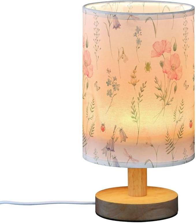 Wildflower Pink Poppy Flower Bell Leaves Butterfly Dragonfly Table Lamp with Wood Base Fabric Lamp Shade Bedside Nightstand Desk Lamp for Living Room Bedroom Kids Room Office