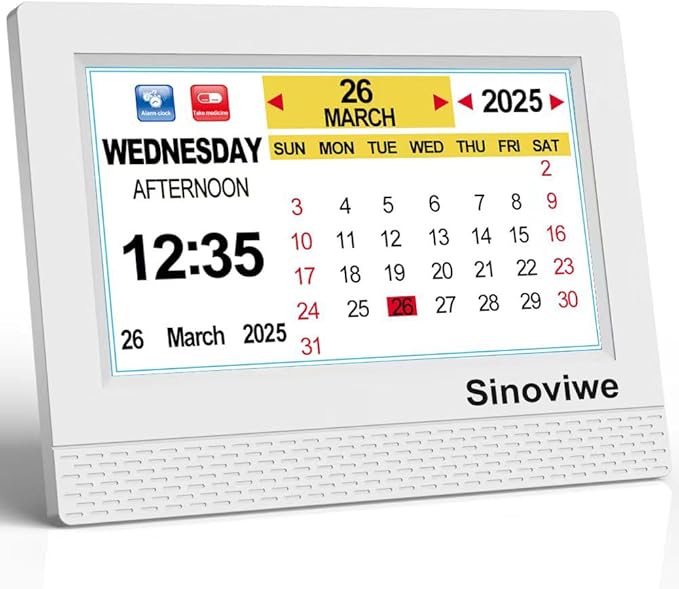 Digital Alarm Clock 7" HD Large Screen Digital Calendar with Auto-Dimming, Clear Day/Date Display for Alzheimer's Dementia Seniors & Low Vision with Remote Control and Custom Reminder Function(White)