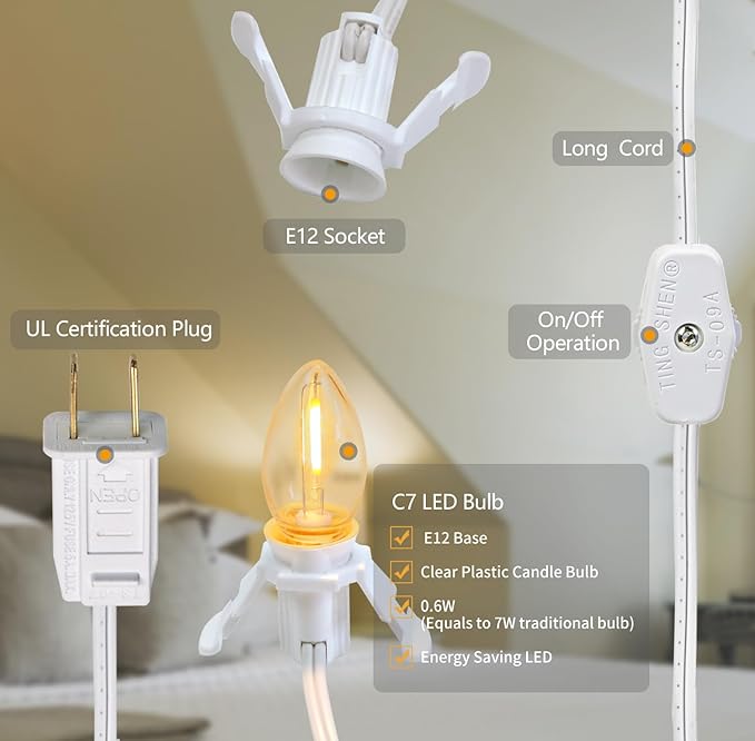 LED Accessory Cord with 3 LED Night Light Bulbs - White Cord with On/Off Switch Plugs - C7 led Bulb Warm White with Spare Fuse for Holiday Decoration and Craft Village House Decoration