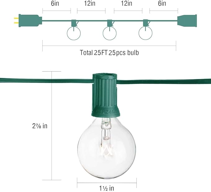 SUNSGNE 25Ft Christmas Round Lights, G40 Globe String Light with 27 Clear Bulbs, UL Certified for Outdoor Indoor Garden Party Wedding Pergola Backyard Patio Xmas Decoration, Green Wire