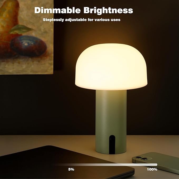 Cordless Mushroom Table Lamp for Outdoor/Indoor, Rechargeable Waterproof Battery Operated Lamp, 3-Color Touch Dimmable Light for Bedside/Shower/Patio/Camping/Dinning/Counter/Kitchen/Nursery Sage Green