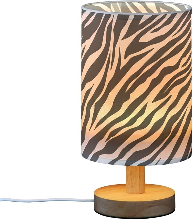 Bedside Table Lamp Zebra Animal Print Nightstand Lamp with Wood Black White Stripe Desk Lamps for Bedroom Living Room Nursery Office Home Decor