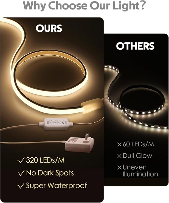 24V COB LED Strip Lights 10FT/3M 3000K Warm White LED Tape Light with Dimmer 320LEDs/M Dimmable LED Rope Light Outdoor Waterproof IP68 LED Light for Bedroom Cabinets Decor (Includes Adapter)