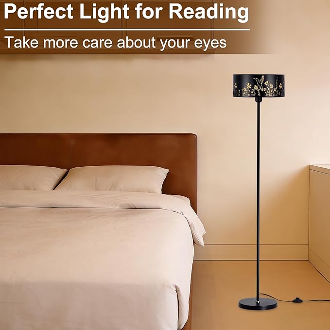 Mid Century Floor Lamp,Unique Hummingbird Floral Black Farmhouse Drum Gothic Floor Lamp with White Parchment,57.67" Tall Metal Rustic Standing Light for Living Room,Bedroom,Home,Office