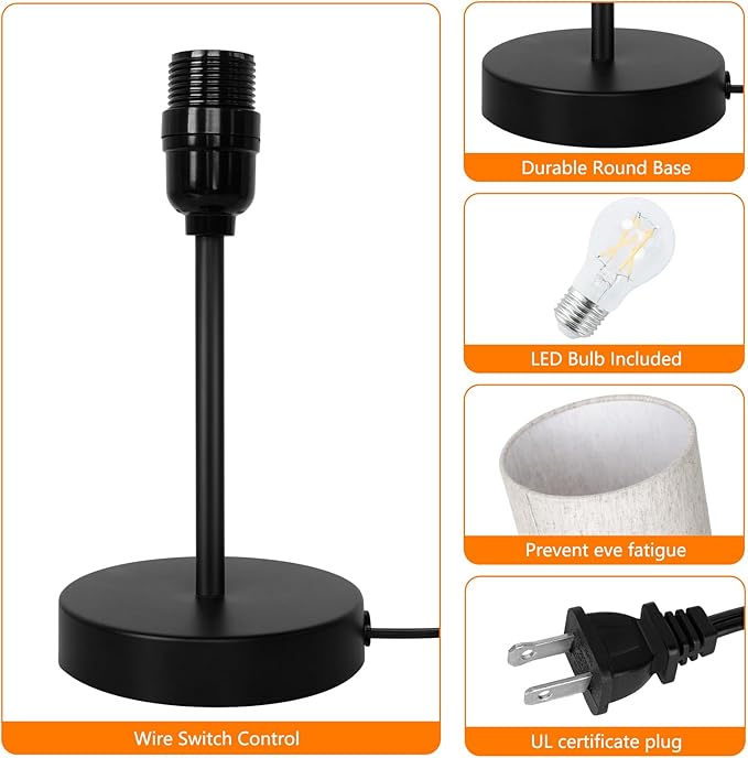 2 Pack Small Table Lamps for Bedroom, Bedside Lamps for Nightstand with Wire Switch, Minimalist Modern Desk Lamps with Linen Fabric Shade for Kids Room Living Room Office Dorm, Bulb Included