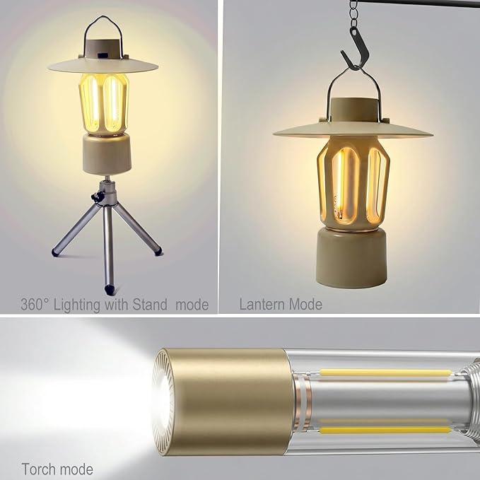 Retro Rechargeable LED Camping Lantern, 400LM 2000mAh, IPX4 Waterproof with Stand/Magnetic Base/Hook, 5 Light Modes, Rechargeable Vintage Lantern for Camping, Hiking, Power Outages, Gifts