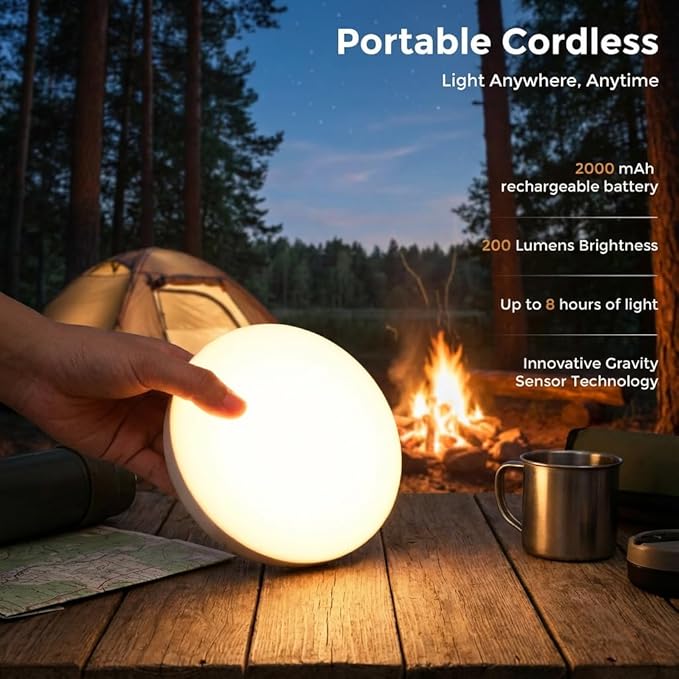 Gravity Sensor Cordless Table Lamp - 2700K Warm Light Rechargeable 2200mAh Battery Operated, Portable Mini Night Light for Nursery/Camping,No Button Tilt to Light, Bedroom/Outdoor/Gift