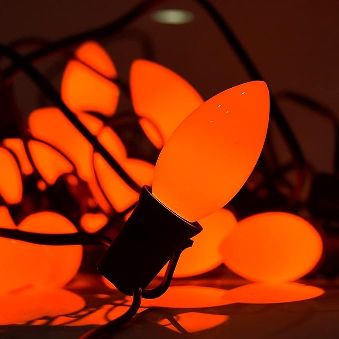 SUNSGNE 25 Pack C9 Orange Outdoor Halloween Night Light Bulbs, C9 Christmas Tree Lights for Indoor Outdoor Patio Strings, E17/C9 Intermediate Base, 7 Watt, Ceramic Orange