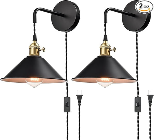 Industrial Wall Sconce 2-Pack with Hanging Height-Adjustable Black Plug-in Wall Lamp with On/Off Switch for Bedroom Bathroom Corridor Porch Patio Hallway