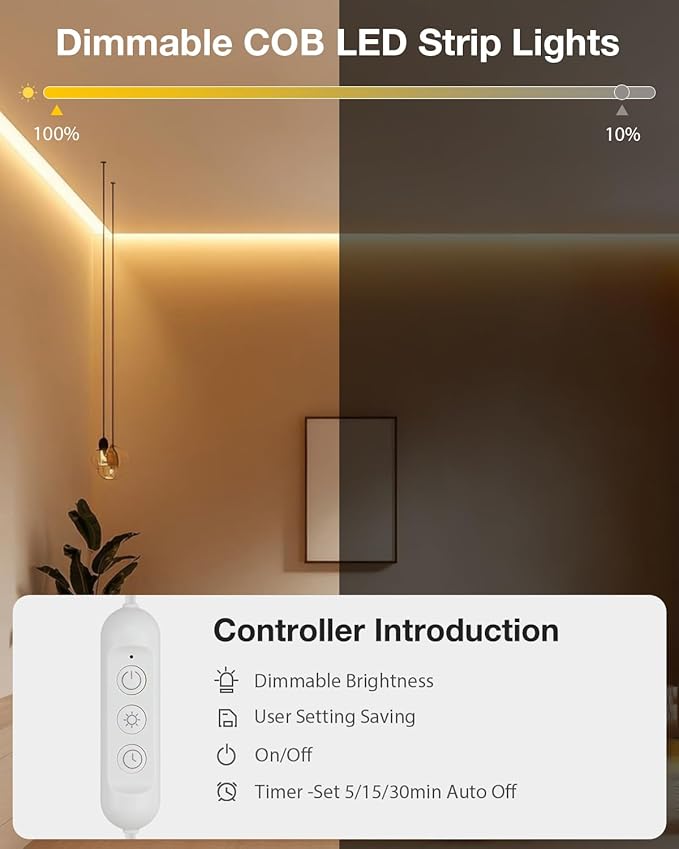 Aclorol 16.4FT Waterproof COB LED Strip 5V USB Dimmable LED Flexible Tape Light with Timer Warm White 3000K for TV Backlights Bedroom Living Room Ambiance Cupboard Pergola Lighting Decor 8mm Width