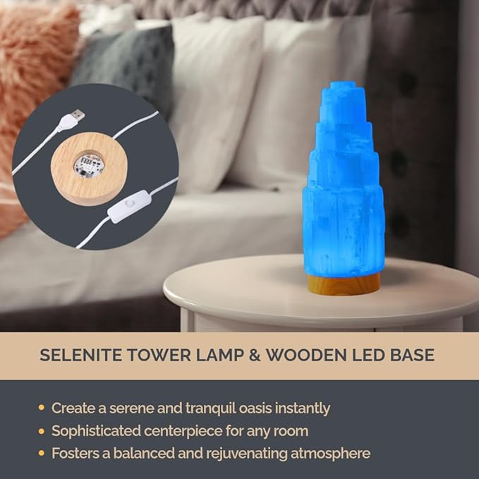 Wish Well Large Selenite Lamp with 7 Color LED Wooden Base - 8" Selenite Tower Healing Crystals for Zen Decor, Spiritual Room Decor, Energy Healing, and Protection