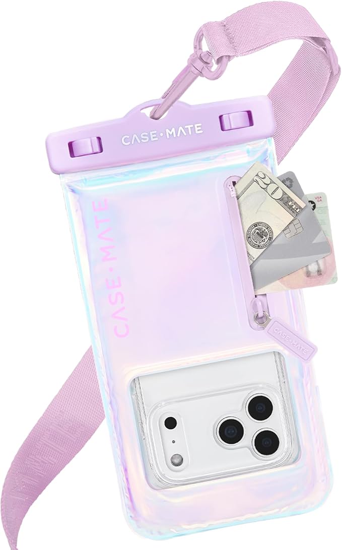 Case-Mate Soap Bubble IP68 Waterproof Phone Pouch with Zip Pocket for 3 Cards & Cash - Large Floating Phone Case w/Crossbody Lanyard - Cruise Travel Essentials Compatible w/All Devices - Iridescent