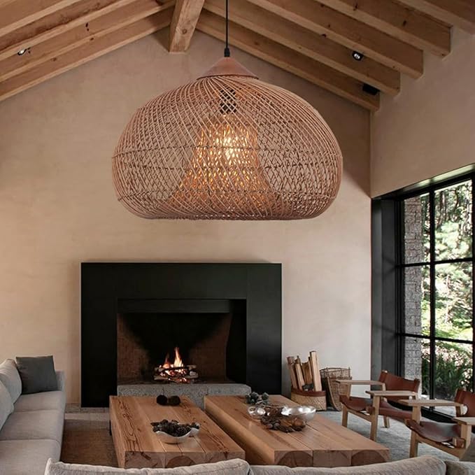 Large Pendant Light, 19.7inch Vintage Rattan Chandelier Hand Woven Farmhouse Ceiling Hanging Lighting Fixture for Kitchen Island Dining Room Living Room