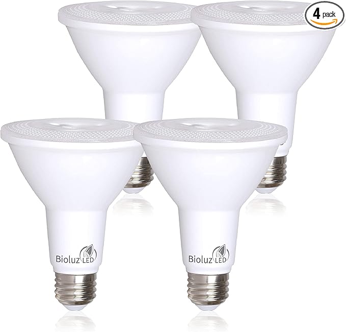 Bioluz 4-Pack PAR30 LED Light Bulbs, 10W = 100W Replacement, 5000K Daylight, 90 CRI, Dimmable, Outdoor Flood Lights, Indoor Spot Lights, UL Listed, Title 20 Compliant