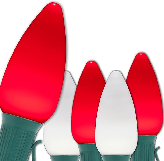 Wintergreen Lighting 100 C9 OptiCore LED Commercial Outdoor Christmas Lights – Heavy Duty Christmas String Lights; Green Wire (100 ft, Red/Cool White Smooth/Opaque)