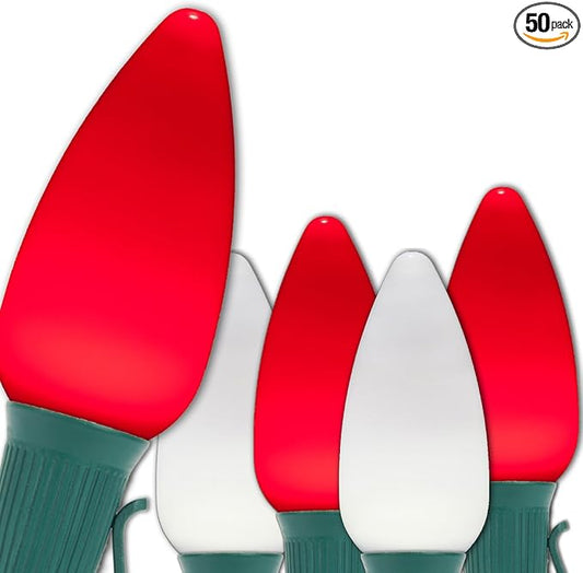 Wintergreen Lighting C9 OptiCore LED Commercial Outdoor Christmas Lights – Heavy Duty Christmas String Lights; Green Wire (50 Lights, 50 ft, Red/Cool White Smooth/Opaque)