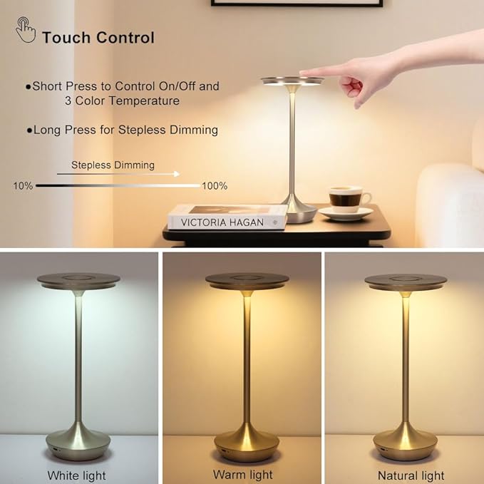 Cordless Table Lamp Set of 2,Portable Rechargeable 6000mAh Outdoor LED Table Lamps,3 Color Stepless Dimming Touch Battery Powered Lamp, Table Light for Restaurant/Patio/Camping/Bedroom(Silver)