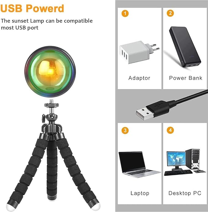 OEM Sunset Light Projection Lamp with Tripod Stand 360 Degrees Detachable Atmosphere USB Sunrise Projector Lamp Rainbows Lights - (Color: Black)