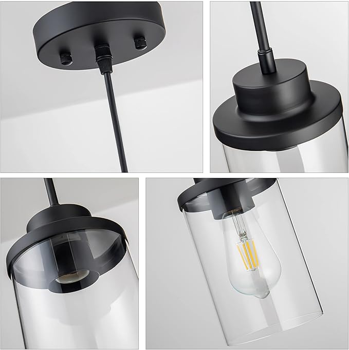 Modern Black Farmhouse Clear Glass Cylinder Pendant Light Fixture, Single Hanging Pendant Lighting for Kitchen Island, Dining Room, Foyer & Hallway(2 Packs)