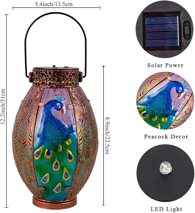 Peacock Solar Lantern Outdoor Lights, Hanging Solar Lanterns Waterproof Lamp Tasktop Garden Porch Yard Decor, Birthday Gifts Light for Women Mom Grandma