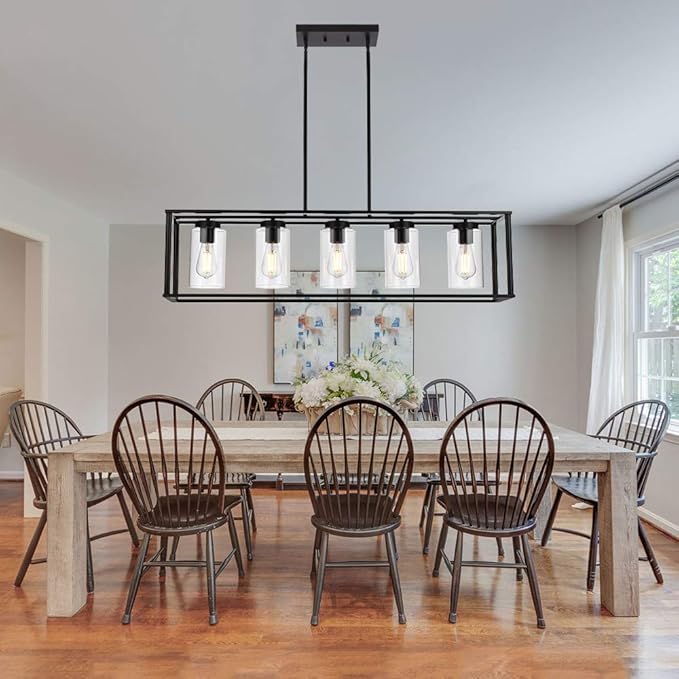VINLUZ Farmhouse Chandeliers Rectangle Black 5 Light Dining Room Lighting Fixtures Hanging, Kitchen Island Cage Pendant Lights Contemporary Modern Ceiling Light with Glass Shade Adjustable Rods
