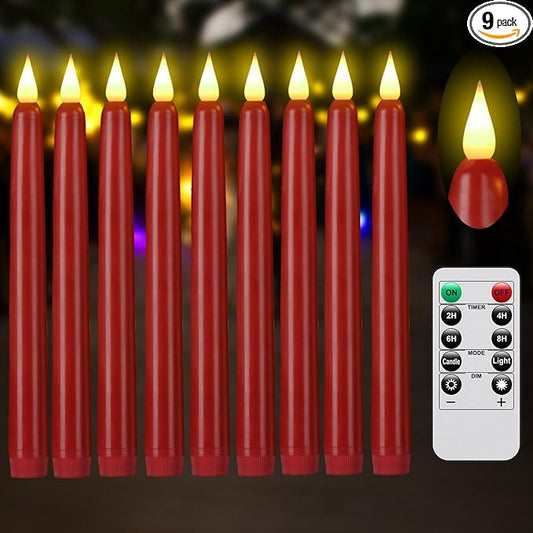 Flameless Taper Candles with Remote Control and Timer, Battery Operated LED Candlesticks with Flickering 3D Flame, 9.6×0.8Inches Plastic Tall Candles for Christmas, Wedding and Home Decor (Red, 9)