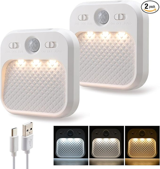 Led Night Light with Motion Detector 2 Pack, Cabinet Light Dimmable with Timer Function, Staircase Lighting 3 Color Temperature 3000/4500/6000K, Hallway Light Rechargeable 600mAh for Children's Room