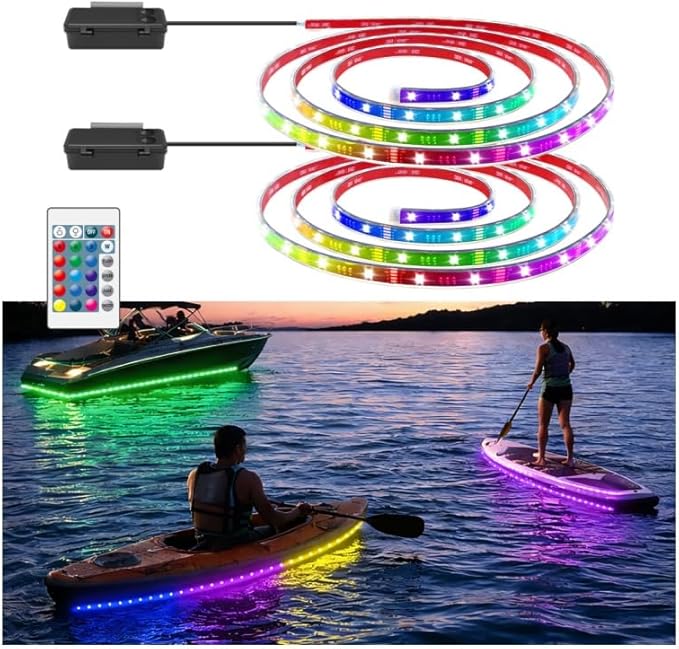 Battery Operated Marine Submersible Boat Lights Strip, 2 Pcs 6FT 9V IP68 RGB Kayak Paddleboard Light, Boat Interior Deck Courtesy Light, Golf Cart Canopy Roof Underglow Lights