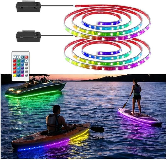 Battery Operated Marine Submersible Boat Lights Strip, 2 Pcs 6FT 9V IP68 RGB Kayak Paddleboard Light, Boat Interior Deck Courtesy Light, Golf Cart Canopy Roof Underglow Lights