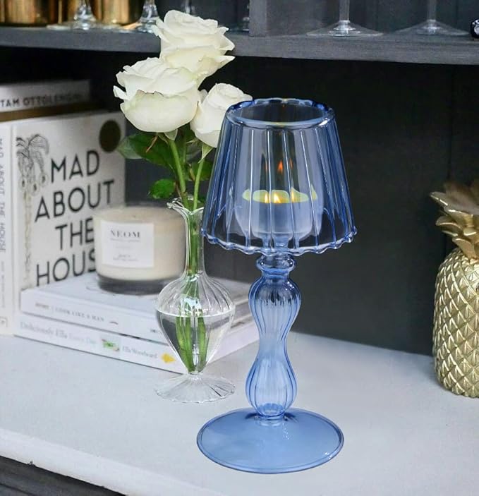 Desk Lamp Shaped Glass Candle Holder - Glass Hurricane Candleholder Crystal Decorative Candle Stand for Table Wedding Dinning Centerpieces Party Supplies Decor NavyBlue
