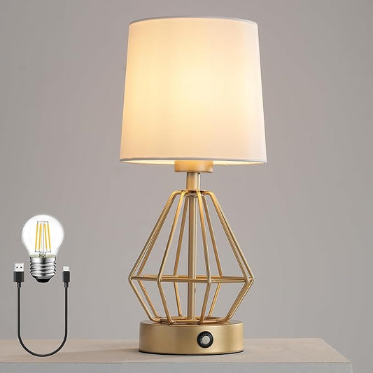 Gold Cordless Lamp,Touch Stepless Dimming,8000mAh Rechargeable Battery Table Lamp,Gold Cage Frame Wireless Lamp,White Lampshade,14.7inches Tall