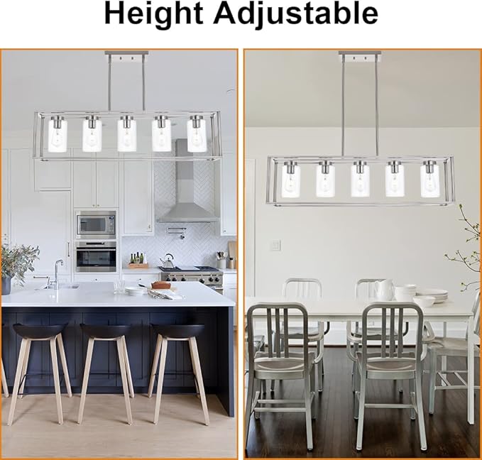 VINLUZ Contemporary Chandeliers Brushed Nickel 5 Light Modern Dining Room Lighting Fixtures Hanging, Kitchen Island Linear Pendant Lights Farmhouse Flush Mount Ceiling Light with Glass Shade